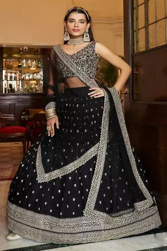 black Net Sequin Embroidery Lehenga Set 