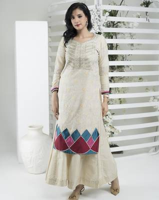 Beige embroidered silk straight cut kurta 2