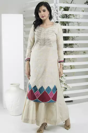 Beige embroidered silk straight cut kurta
