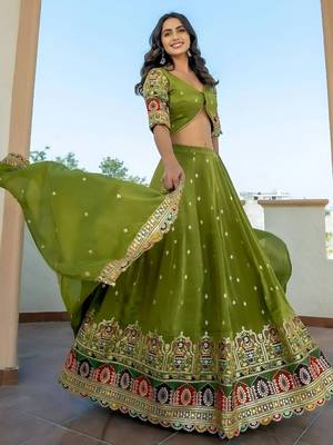 Green Embroidered Silk Lehenga Choli 1