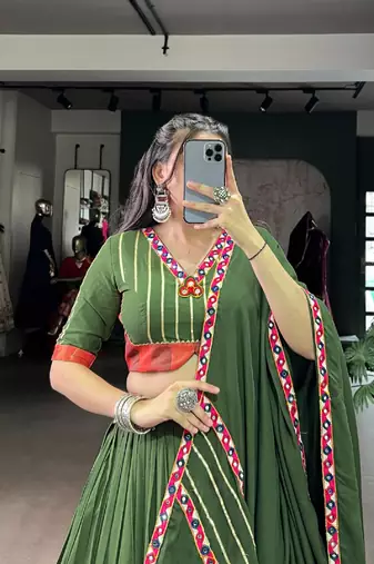 navratri Olive Green embroidered Lehenga Set