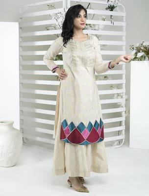 Beige embroidered silk straight cut kurta 3