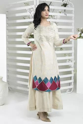 Beige embroidered silk straight cut kurta