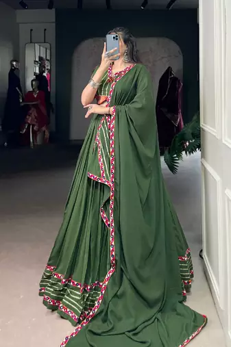 navratri Olive Green embroidered Lehenga Set