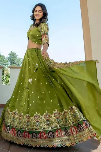 Green Embroidered Silk Lehenga Choli