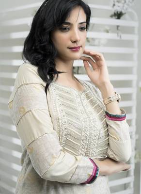 Beige embroidered silk straight cut kurta 5