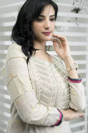 Beige embroidered silk straight cut kurta