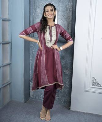 Maroon embroidered silk a line kurta 1