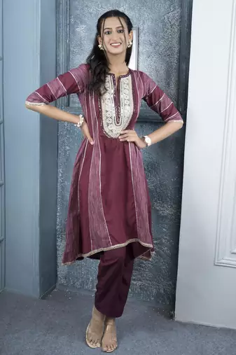 Maroon embroidered silk a line kurta