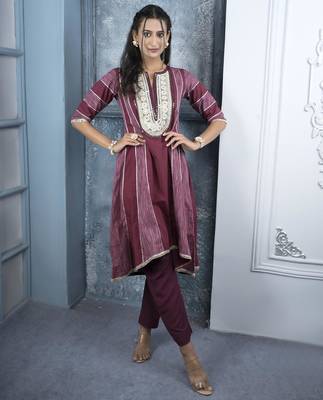 Maroon embroidered silk a line kurta 2