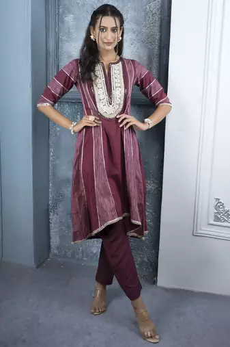 Maroon embroidered silk a line kurta