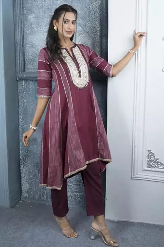Maroon embroidered silk a line kurta