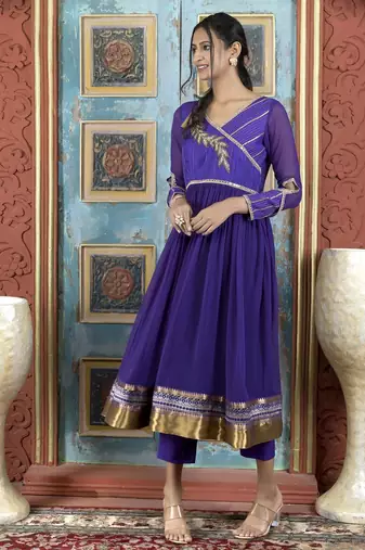 Purple embroidered georgette a line kurta