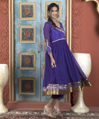Purple embroidered georgette a line kurta 2