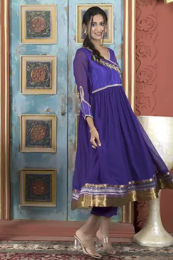 Purple embroidered georgette a line kurta