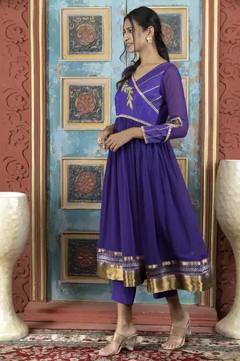 Purple embroidered georgette a line kurta