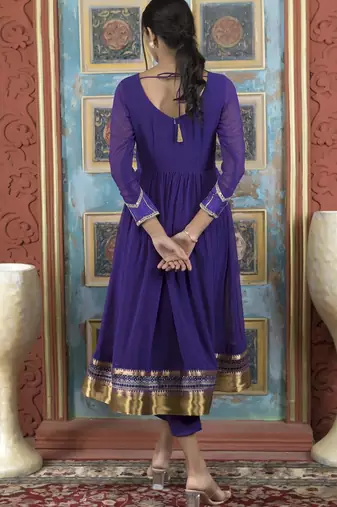 Purple embroidered georgette a line kurta