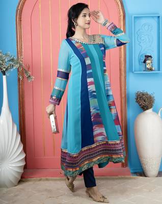 Blue embroidered georgette asymmetrical kurta 1