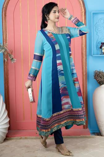Blue embroidered georgette asymmetrical kurta