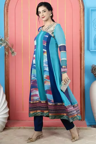 Blue embroidered georgette asymmetrical kurta