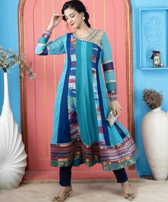 Blue embroidered georgette asymmetrical kurta 3