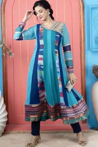 Blue embroidered georgette asymmetrical kurta