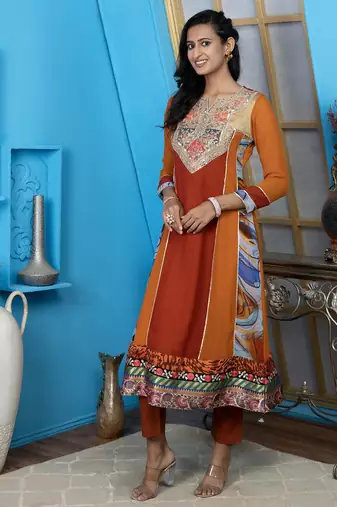 Brown embroidered georgette anarkali kurta