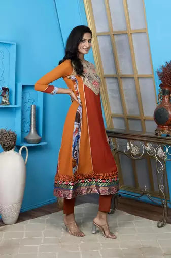 Brown embroidered georgette anarkali kurta