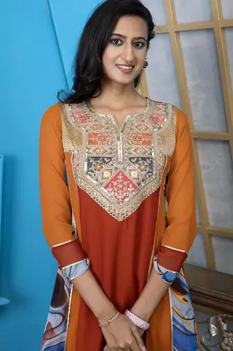 Brown embroidered georgette anarkali kurta