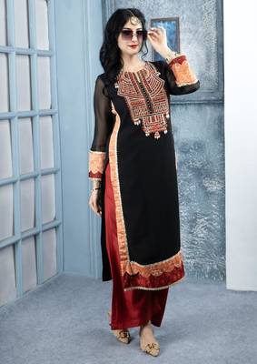 Black embroidered georgette straight cut kurta 1