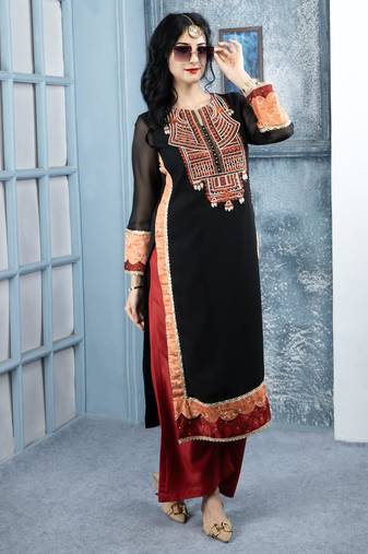 Black embroidered georgette straight cut kurta