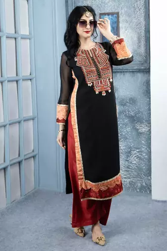 Black embroidered georgette straight cut kurta