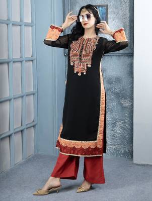 Black embroidered georgette straight cut kurta 2