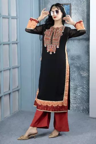 Black embroidered georgette straight cut kurta