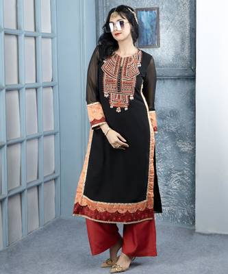 Black embroidered georgette straight cut kurta 3