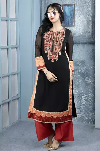 Black embroidered georgette straight cut kurta