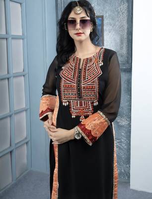 Black embroidered georgette straight cut kurta 5