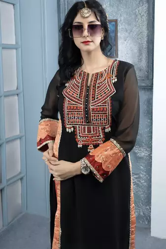 Black embroidered georgette straight cut kurta