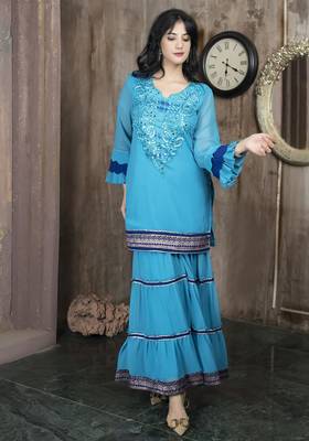 Blue embroidered georgette straight cut kurta 1
