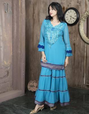 Blue embroidered georgette straight cut kurta 3