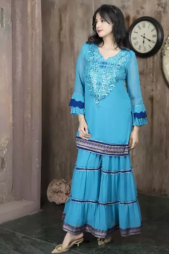 Blue embroidered georgette straight cut kurta