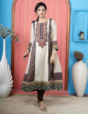 Beige embroidered silk kurta 1