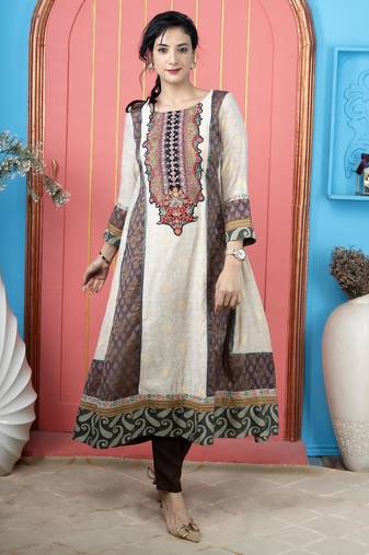 Beige embroidered silk kurta