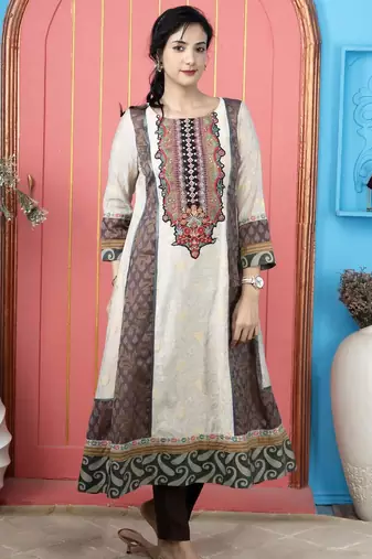 Beige embroidered silk kurta
