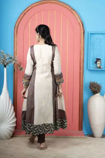 Beige embroidered silk kurta