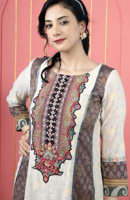 Beige embroidered silk kurta 5