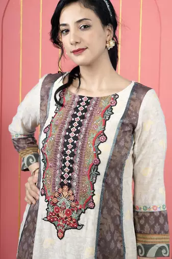 Beige embroidered silk kurta