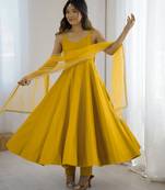 Yellow Silk Chanderi Fabric Fully Flair Anarkali Kurti With Pant Dupatta Set