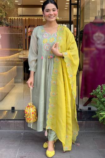 Sage green parampara silk heavy thread embroidery work kurta pant set