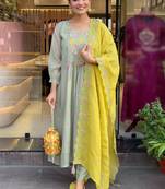 Sage green parampara silk heavy thread embroidery work kurta pant set
